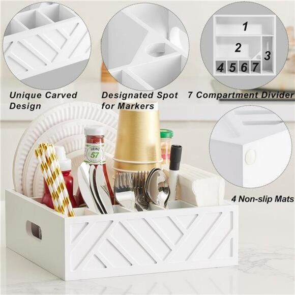 Wood Utensil Holder Paper Plate Cup Napkin Caddy Flatware Organizer for Party - Picture 4 of 8